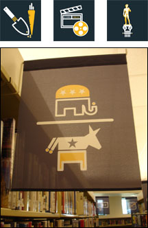 Iconographic Banners photo of iconographic banners hanging in the library