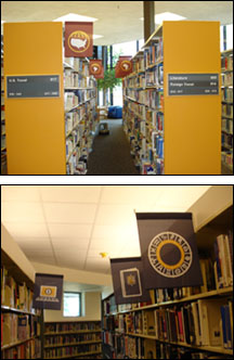 Iconographic Banners photo of iconographic banners hanging in the library